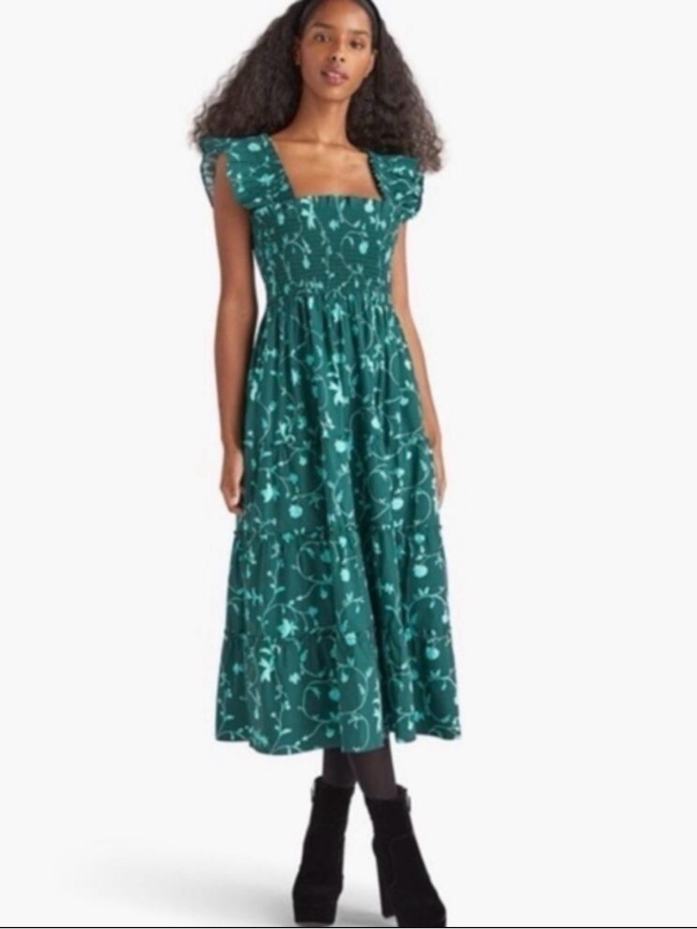 Hill House Teal Floral Puff-Sleeve Maxi Dress